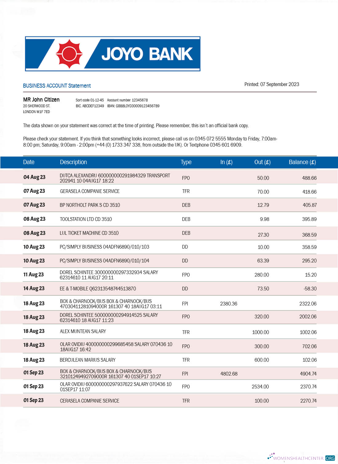 Download Joyo Bank company checking account statement Word and PDF template Photoshop template